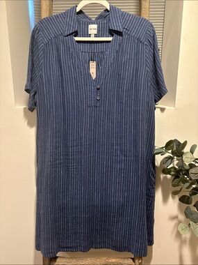 NIC+ZOE Navy and White Pinstripe Shirt Dress